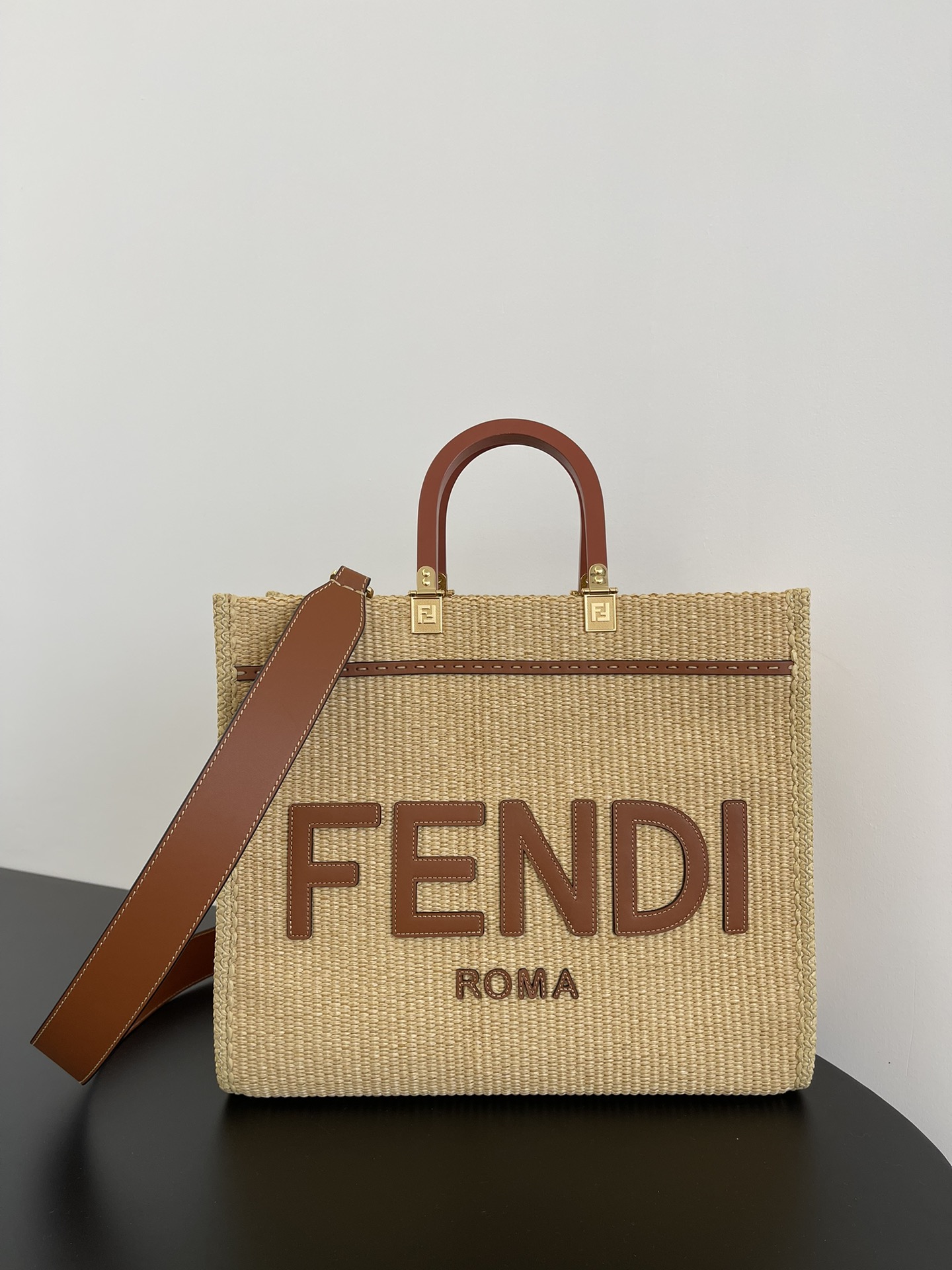 Fendi Medium Sunshine Shopper Brown Leather and Beige Cotton Bag